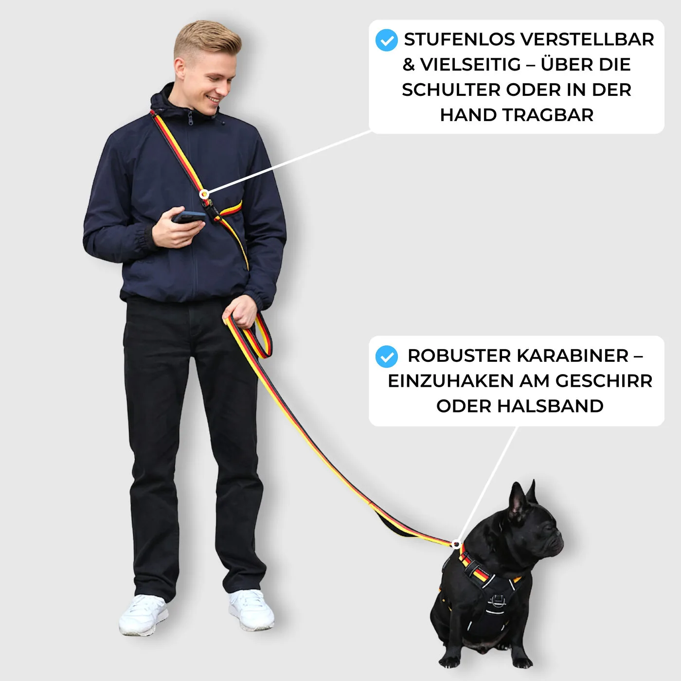 Als Umhängeleine über die Schulter tragbar